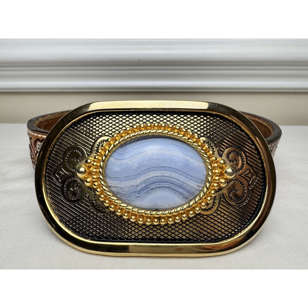 Vintage Western Tooled Belt & Gold Tone Belt Buckle Blue Lace Agate Centerpiece